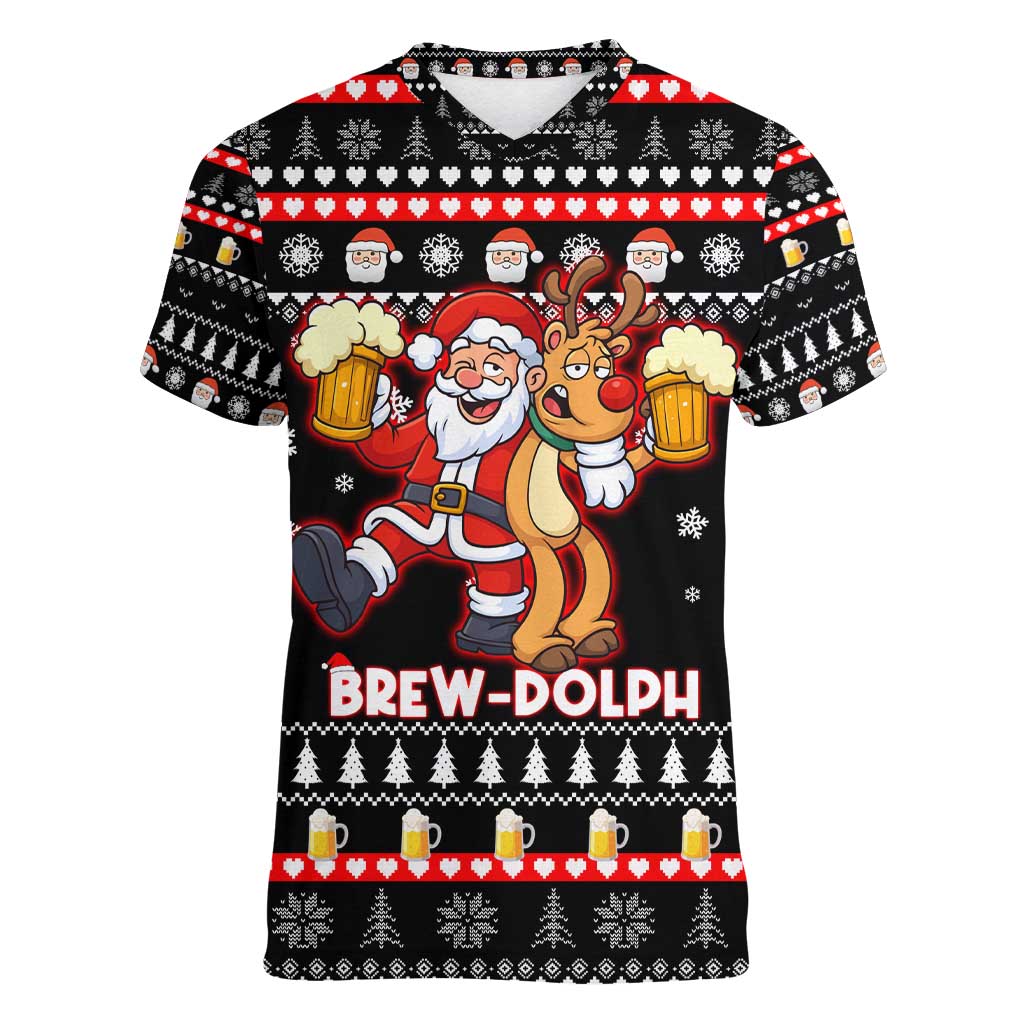 Christmas Brewdolph Reindeer Women V-Neck T-Shirt Xmas Holiday Patterns - Wonder Print Shop
