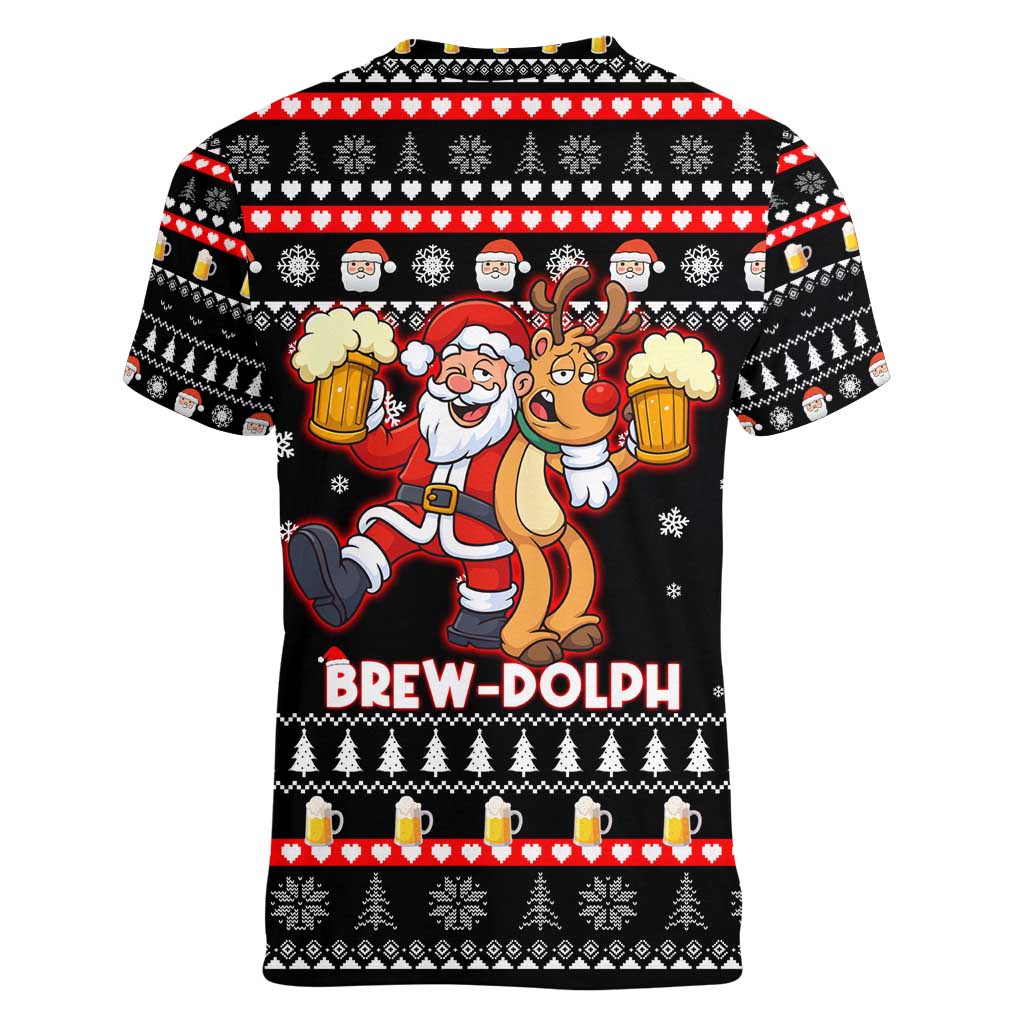 Christmas Brewdolph Reindeer Women V-Neck T-Shirt Xmas Holiday Patterns - Wonder Print Shop