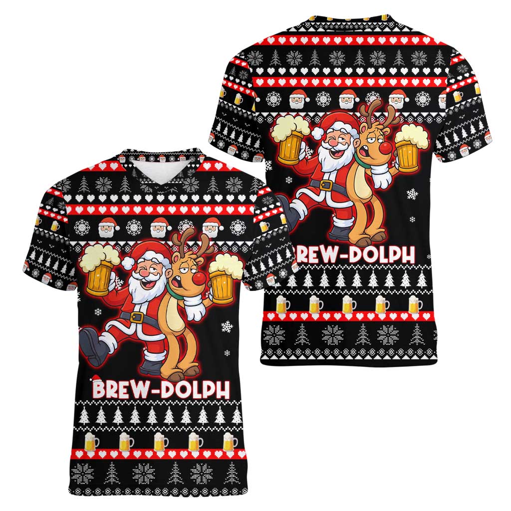 Christmas Brewdolph Reindeer Women V-Neck T-Shirt Xmas Holiday Patterns - Wonder Print Shop