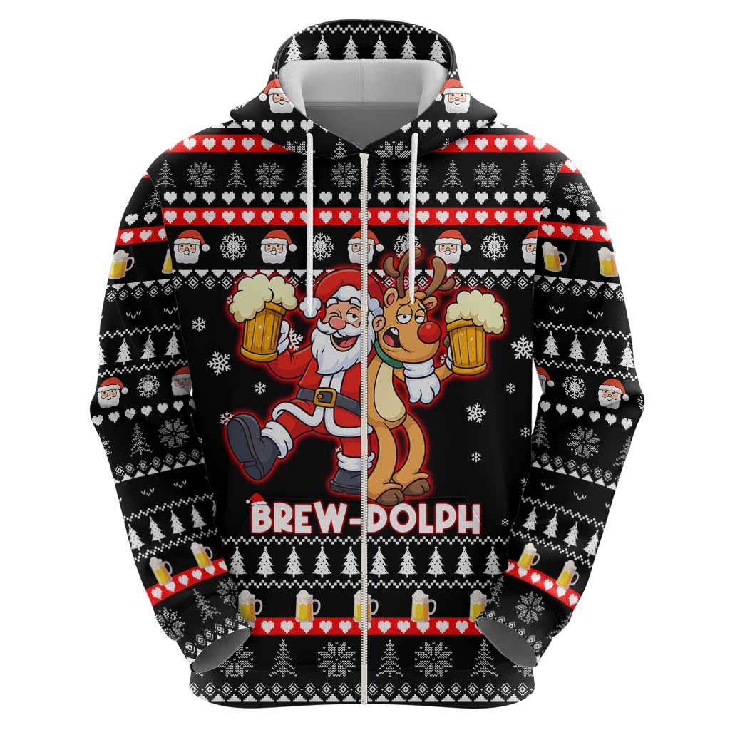 Christmas Brewdolph Reindeer Zip Hoodie Xmas Holiday Patterns - Wonder Print Shop