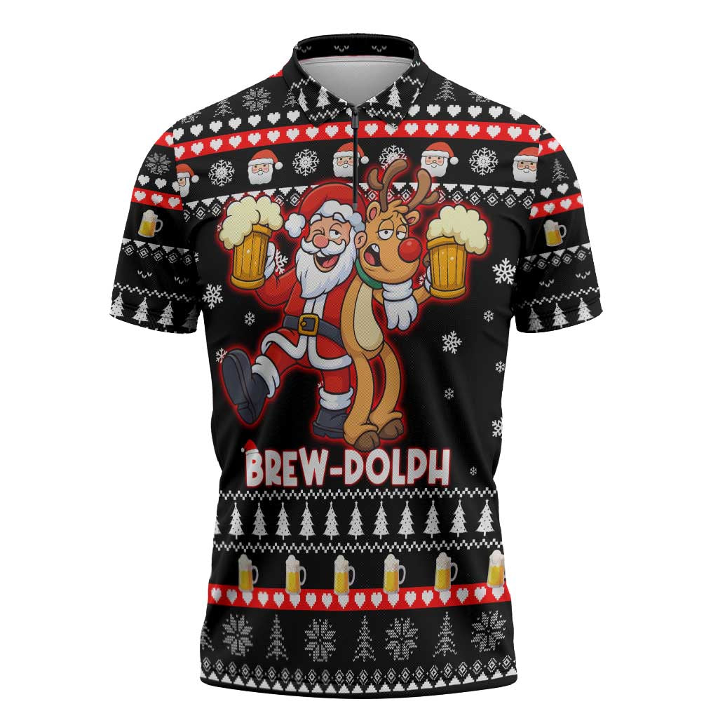 Christmas Brewdolph Reindeer Zipper Polo Shirt Xmas Holiday Patterns - Wonder Print Shop