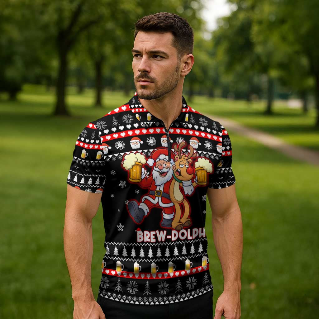 Christmas Brewdolph Reindeer Zipper Polo Shirt Xmas Holiday Patterns - Wonder Print Shop