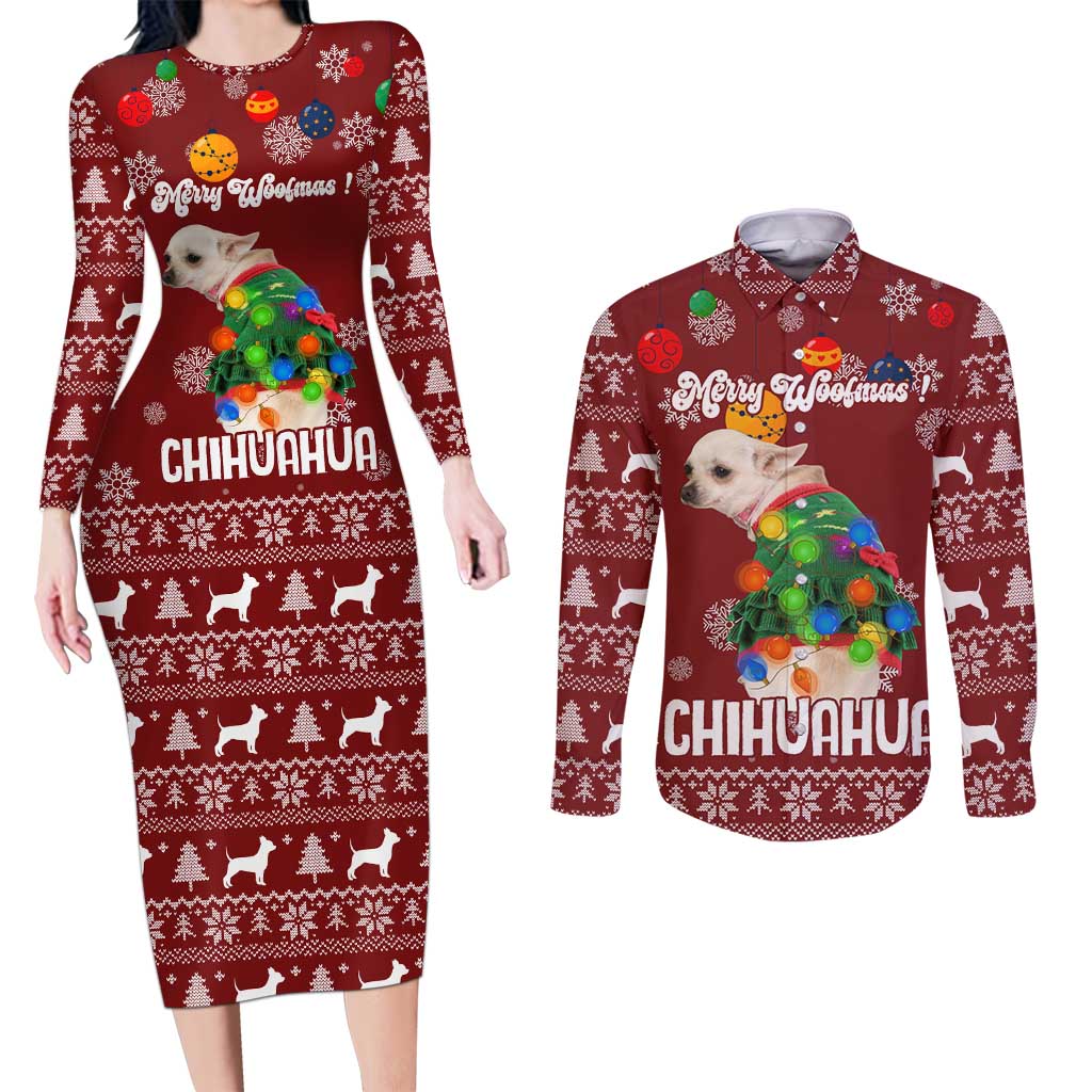 Chihuahua Dog Attitude Christmas Couples Matching Long Sleeve Bodycon Dress and Long Sleeve Button Shirt Xmas Holiday Patterns - Wonder Print Shop