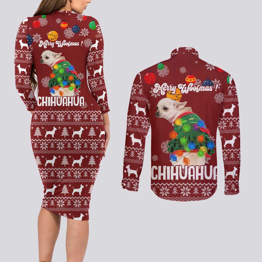 Chihuahua Dog Attitude Christmas Couples Matching Long Sleeve Bodycon Dress and Long Sleeve Button Shirt Xmas Holiday Patterns - Wonder Print Shop