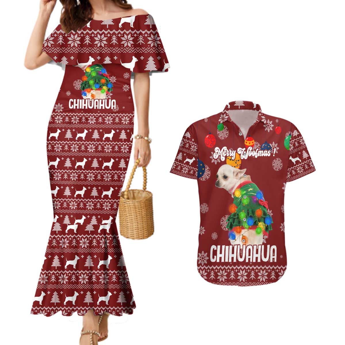 Chihuahua Dog Attitude Christmas Couples Matching Mermaid Dress and Hawaiian Shirt Xmas Holiday Patterns - Wonder Print Shop