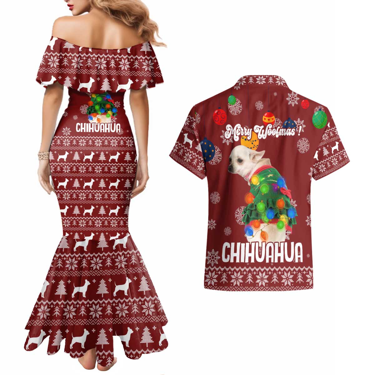 Chihuahua Dog Attitude Christmas Couples Matching Mermaid Dress and Hawaiian Shirt Xmas Holiday Patterns - Wonder Print Shop