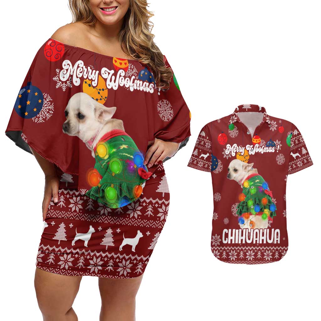 Chihuahua Dog Attitude Christmas Couples Matching Off Shoulder Short Dress and Hawaiian Shirt Xmas Holiday Patterns - Wonder Print Shop