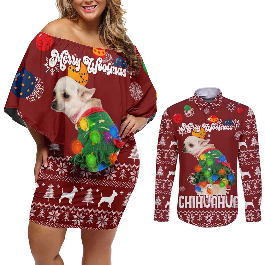 Chihuahua Dog Attitude Christmas Couples Matching Off Shoulder Short Dress and Long Sleeve Button Shirt Xmas Holiday Patterns - Wonder Print Shop