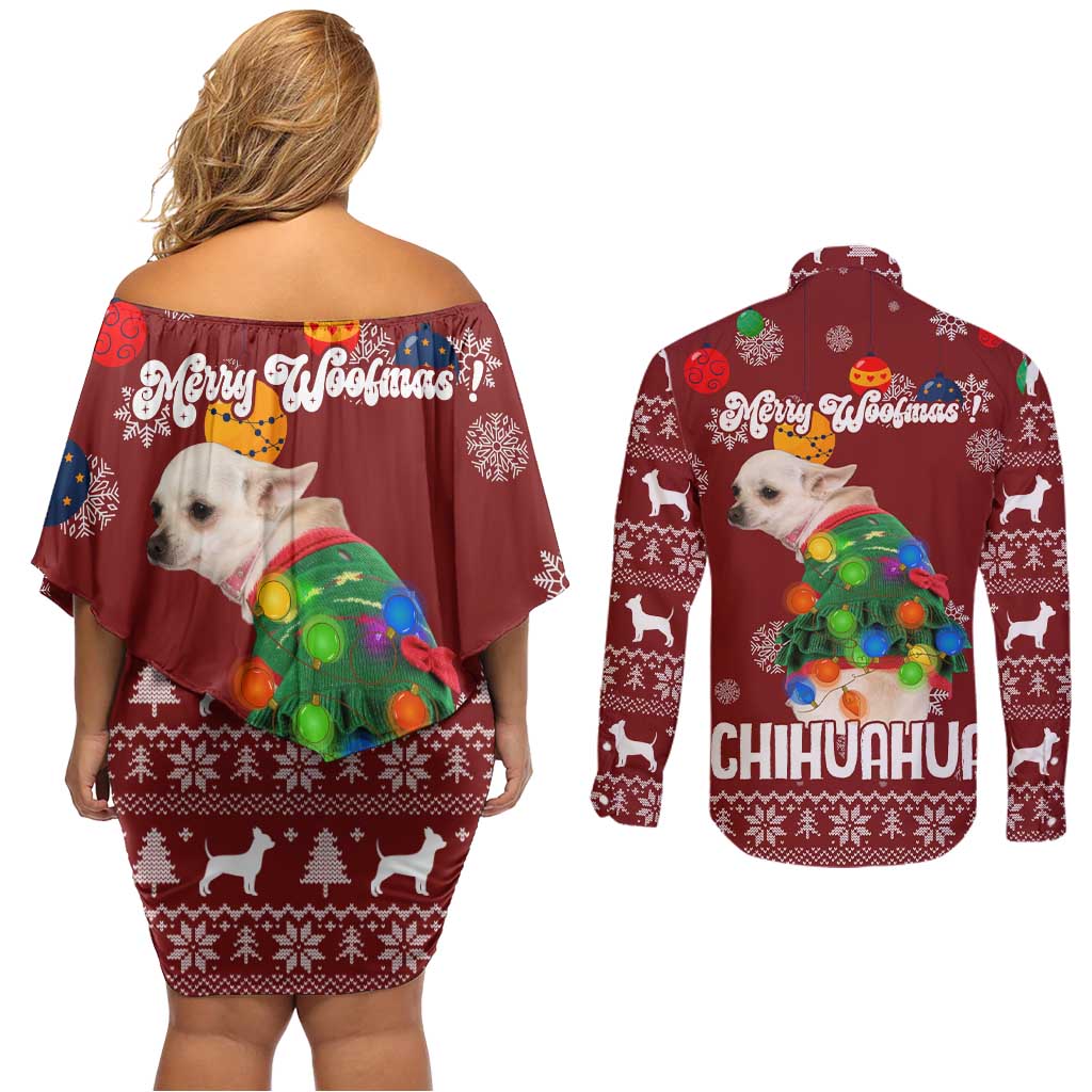 Chihuahua Dog Attitude Christmas Couples Matching Off Shoulder Short Dress and Long Sleeve Button Shirt Xmas Holiday Patterns - Wonder Print Shop