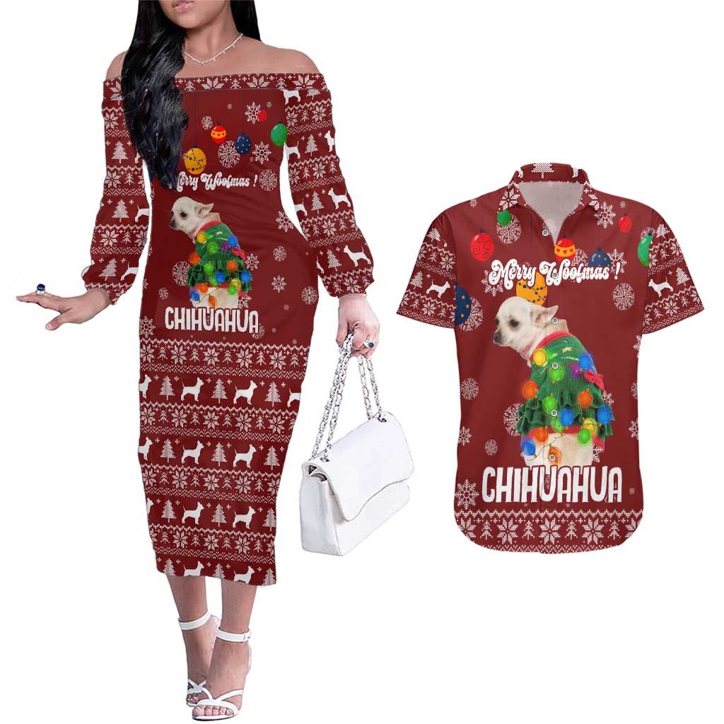 Chihuahua Dog Attitude Christmas Couples Matching Off The Shoulder Long Sleeve Dress and Hawaiian Shirt Xmas Holiday Patterns - Wonder Print Shop