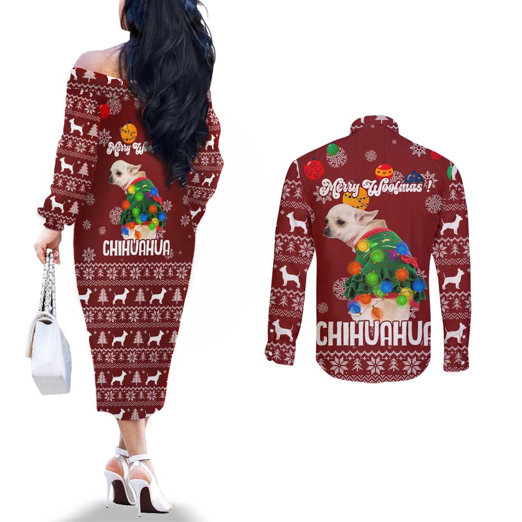 Chihuahua Dog Attitude Christmas Couples Matching Off The Shoulder Long Sleeve Dress and Long Sleeve Button Shirt Xmas Holiday Patterns - Wonder Print Shop