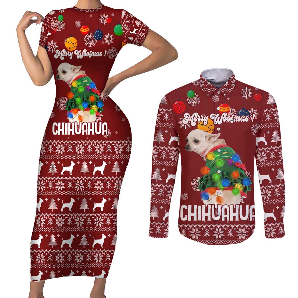 Chihuahua Dog Attitude Christmas Couples Matching Short Sleeve Bodycon Dress and Long Sleeve Button Shirt Xmas Holiday Patterns - Wonder Print Shop