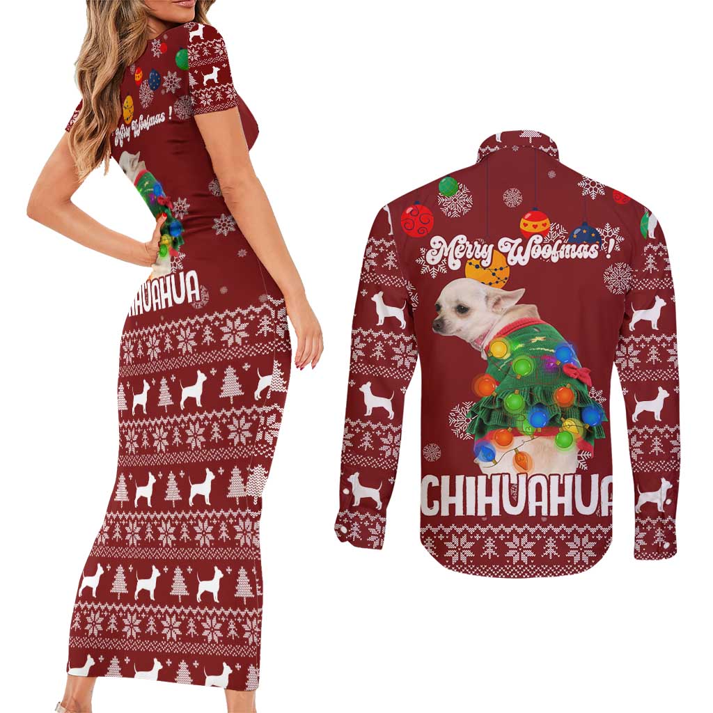 Chihuahua Dog Attitude Christmas Couples Matching Short Sleeve Bodycon Dress and Long Sleeve Button Shirt Xmas Holiday Patterns - Wonder Print Shop