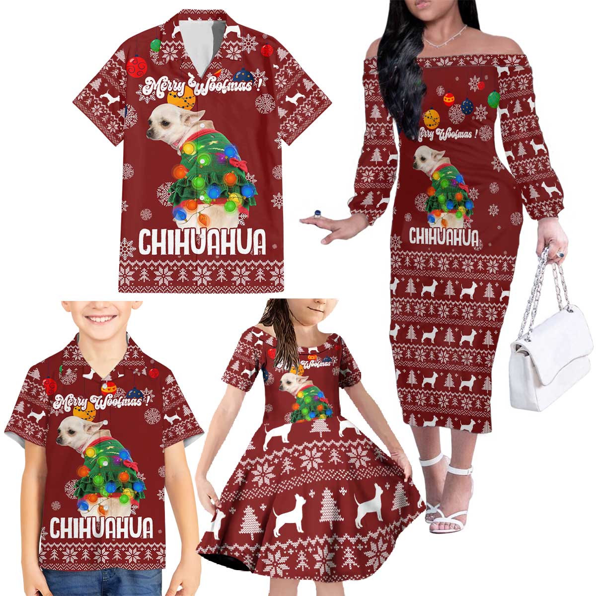 Chihuahua Dog Attitude Christmas Family Matching Off The Shoulder Long Sleeve Dress and Hawaiian Shirt Xmas Holiday Patterns - Wonder Print Shop