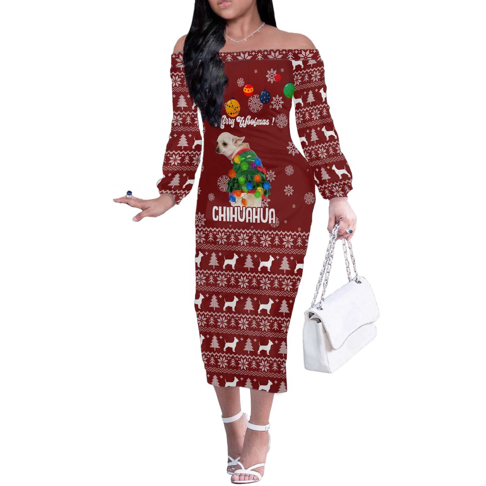 Chihuahua Dog Attitude Christmas Off The Shoulder Long Sleeve Dress Xmas Holiday Patterns - Wonder Print Shop