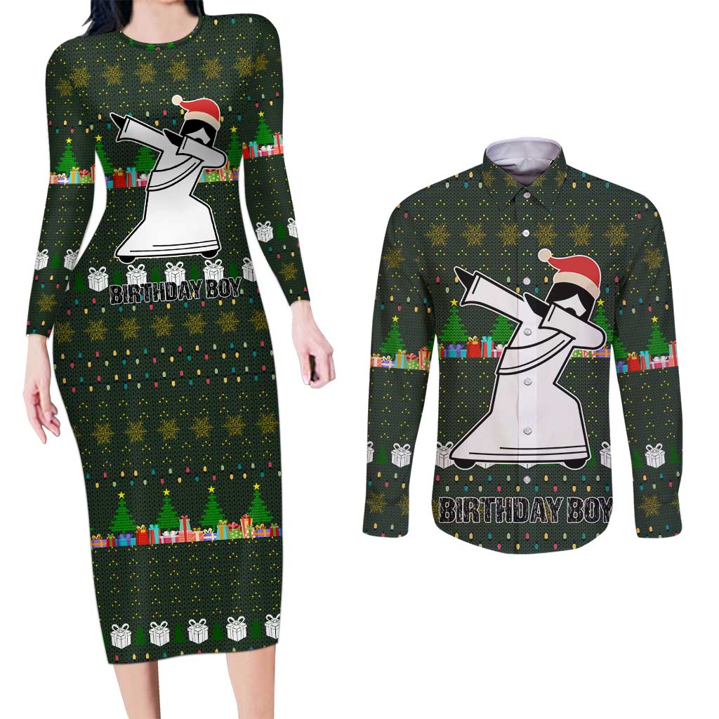 Jesus Birthday Boy Christmas Couples Matching Long Sleeve Bodycon Dress and Long Sleeve Button Shirt Funny Xmas Holiday Patterns - Wonder Print Shop