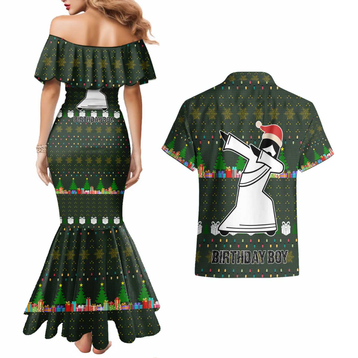 Jesus Birthday Boy Christmas Couples Matching Mermaid Dress and Hawaiian Shirt Funny Xmas Holiday Patterns - Wonder Print Shop