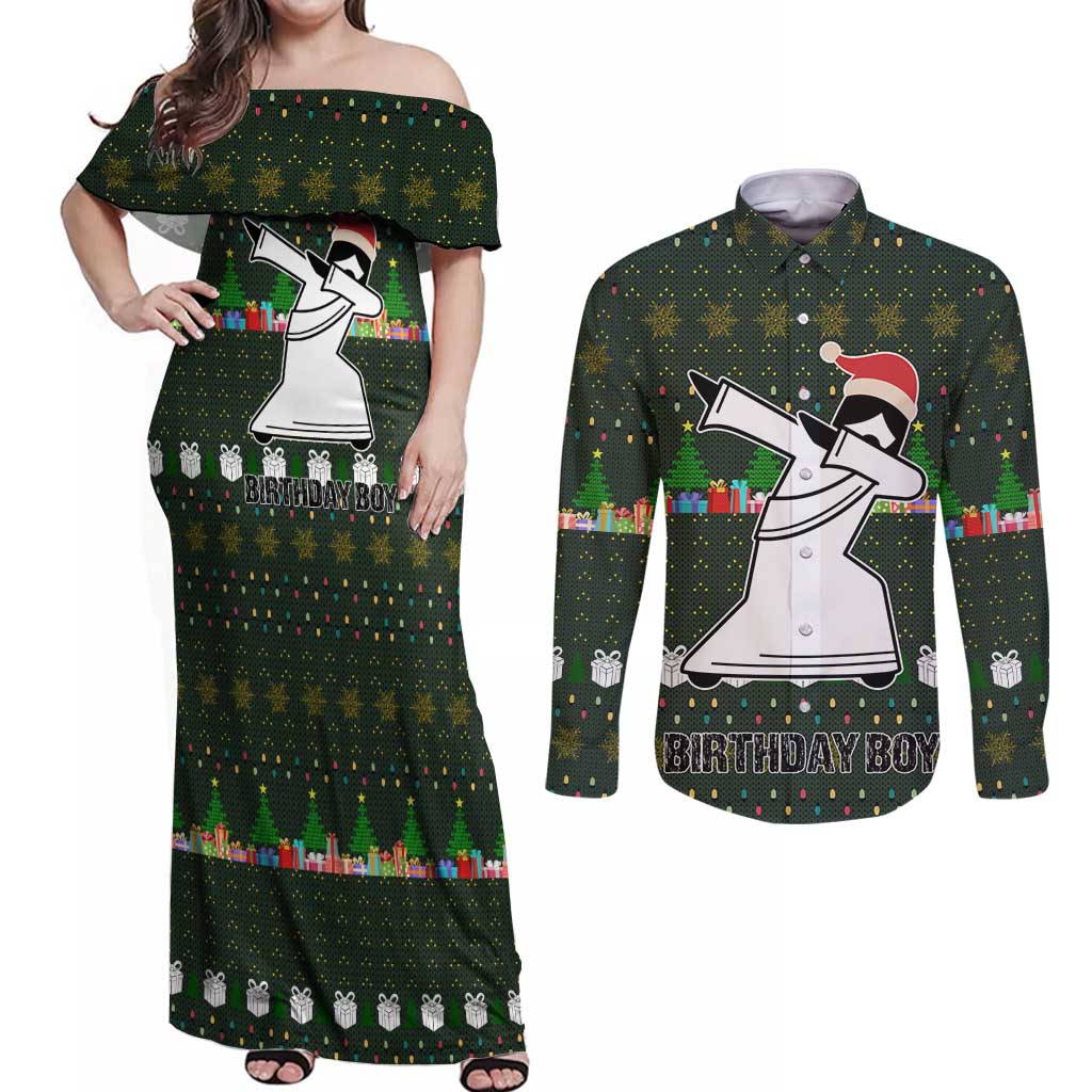 Jesus Birthday Boy Christmas Couples Matching Off Shoulder Maxi Dress and Long Sleeve Button Shirt Funny Xmas Holiday Patterns - Wonder Print Shop