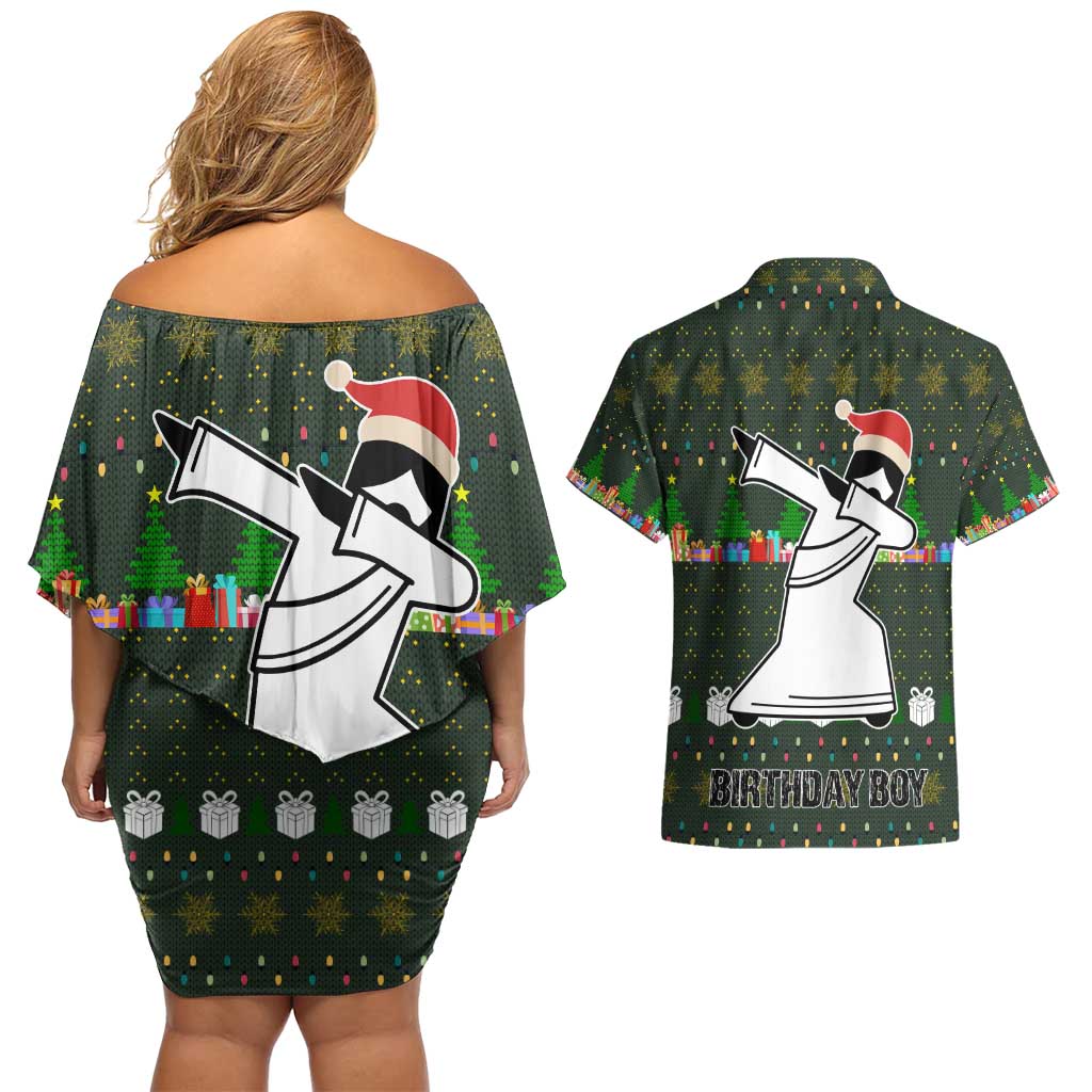 Jesus Birthday Boy Christmas Couples Matching Off Shoulder Short Dress and Hawaiian Shirt Funny Xmas Holiday Patterns - Wonder Print Shop