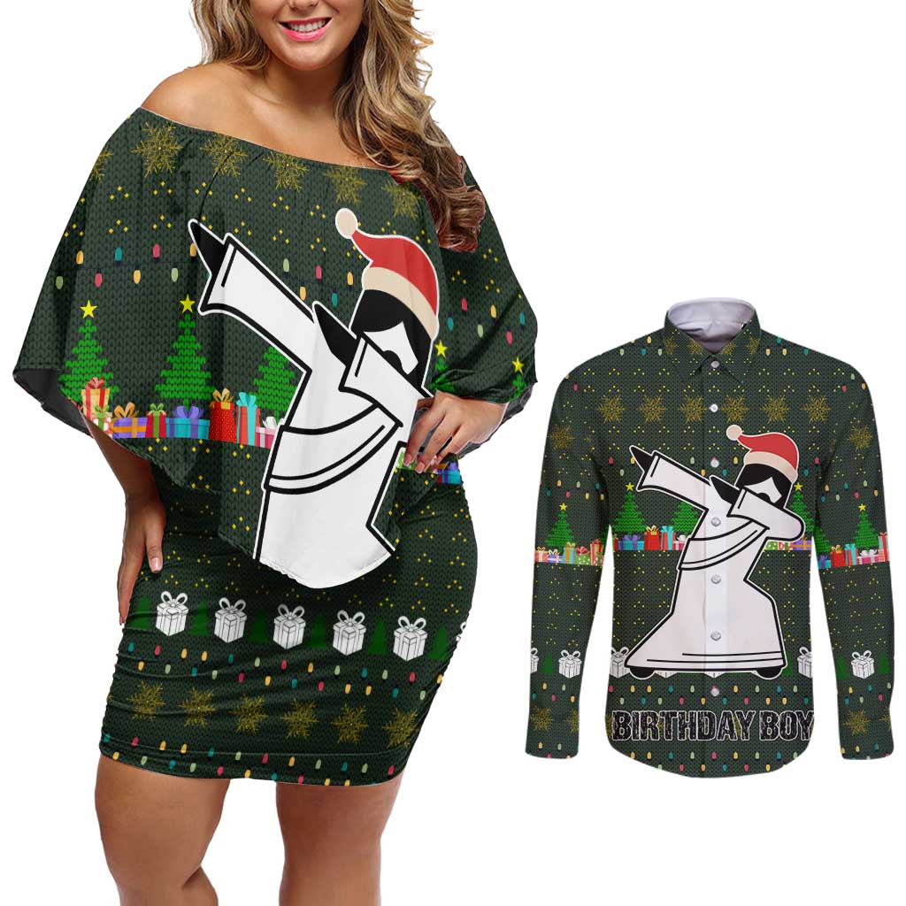 Jesus Birthday Boy Christmas Couples Matching Off Shoulder Short Dress and Long Sleeve Button Shirt Funny Xmas Holiday Patterns - Wonder Print Shop