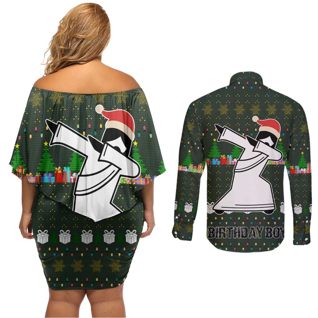 Jesus Birthday Boy Christmas Couples Matching Off Shoulder Short Dress and Long Sleeve Button Shirt Funny Xmas Holiday Patterns - Wonder Print Shop