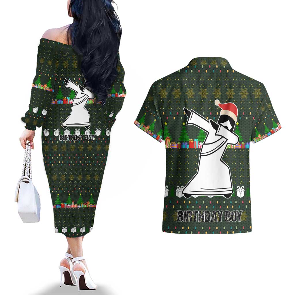 Jesus Birthday Boy Christmas Couples Matching Off The Shoulder Long Sleeve Dress and Hawaiian Shirt Funny Xmas Holiday Patterns - Wonder Print Shop