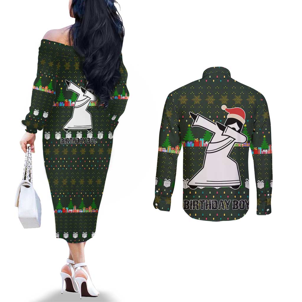 Jesus Birthday Boy Christmas Couples Matching Off The Shoulder Long Sleeve Dress and Long Sleeve Button Shirt Funny Xmas Holiday Patterns - Wonder Print Shop