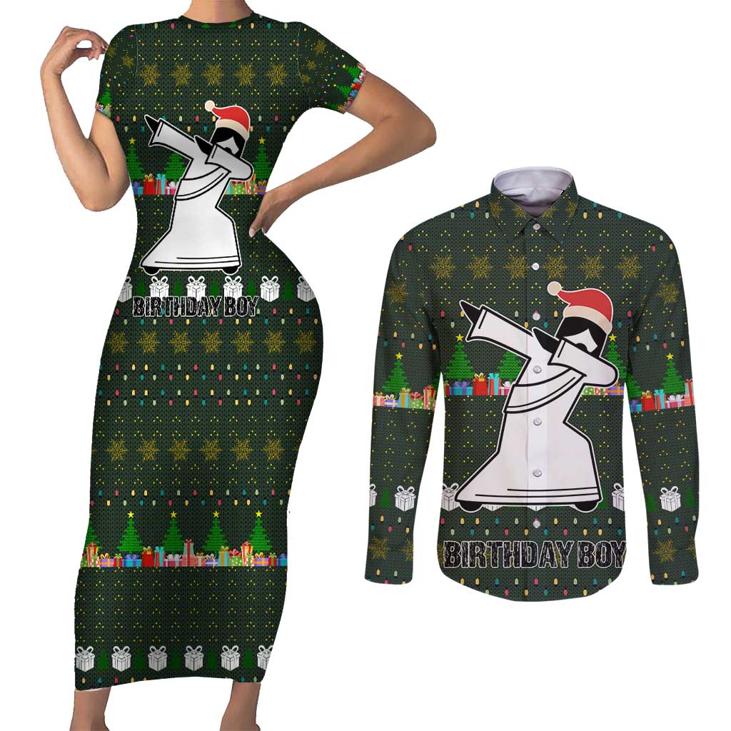 Jesus Birthday Boy Christmas Couples Matching Short Sleeve Bodycon Dress and Long Sleeve Button Shirt Funny Xmas Holiday Patterns - Wonder Print Shop