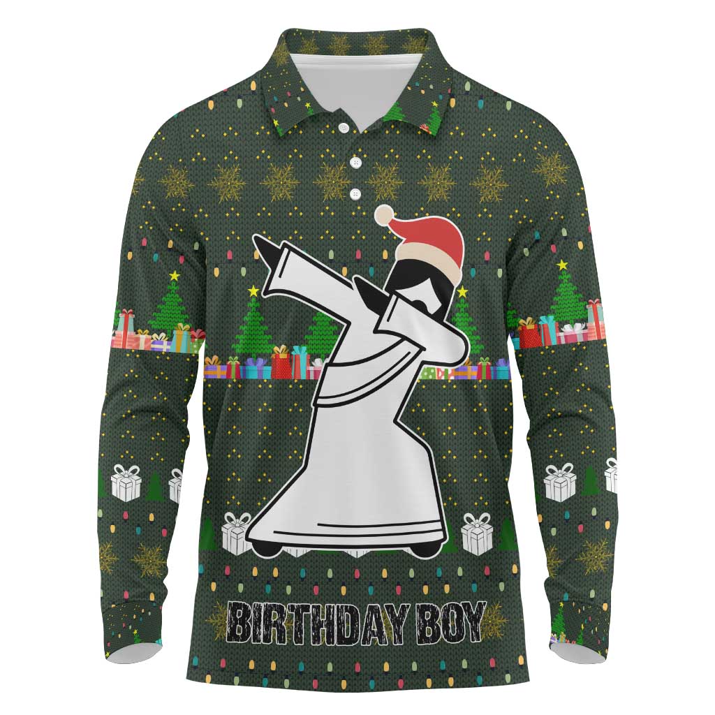 Jesus Birthday Boy Christmas Long Sleeve Polo Shirt Funny Xmas Holiday Patterns - Wonder Print Shop
