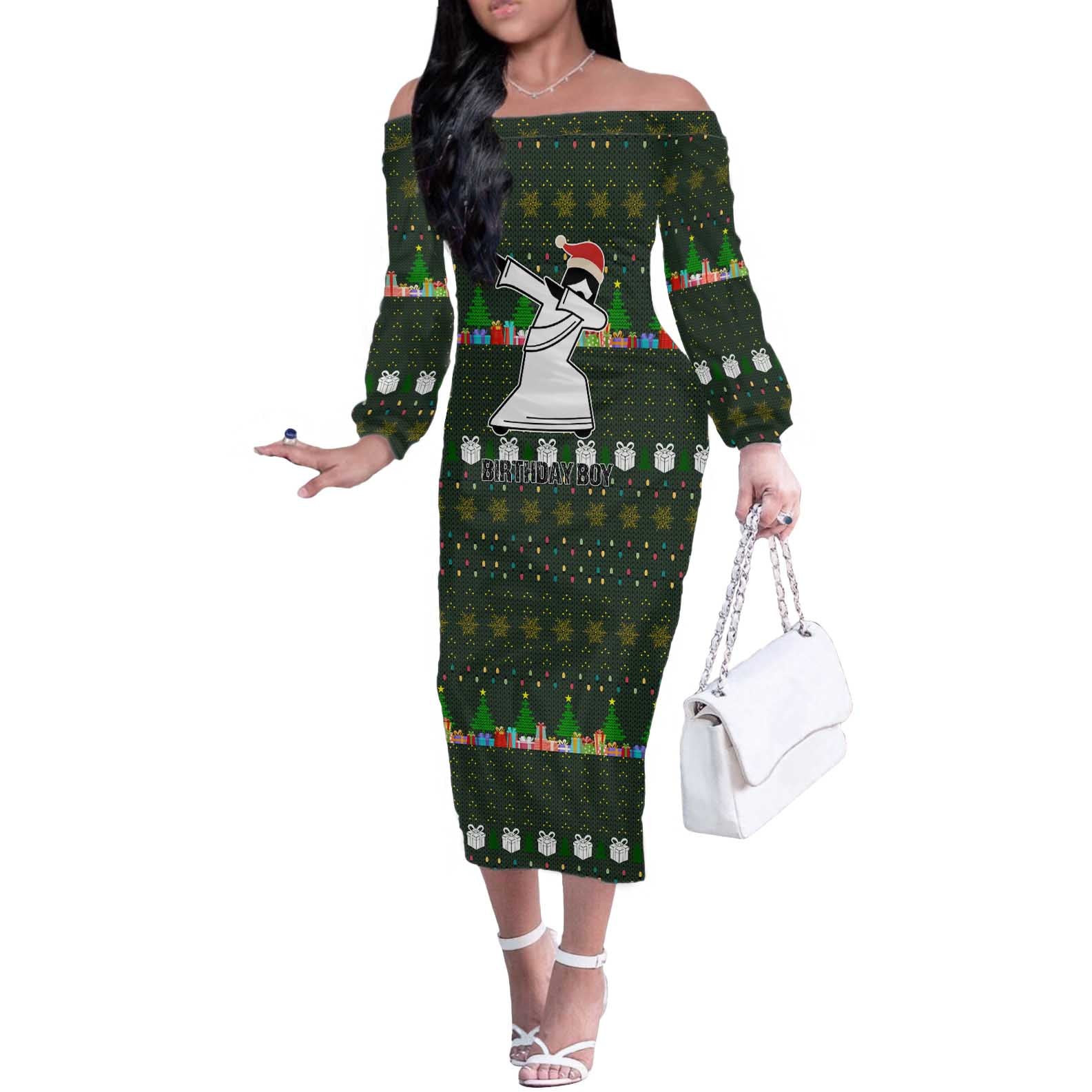 Jesus Birthday Boy Christmas Off The Shoulder Long Sleeve Dress Funny Xmas Holiday Patterns - Wonder Print Shop