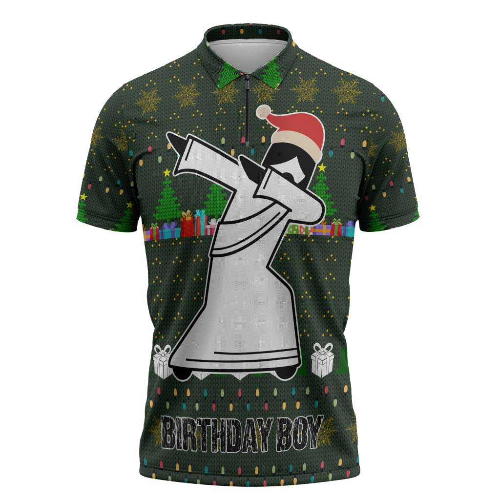 Jesus Birthday Boy Christmas Zipper Polo Shirt Funny Xmas Holiday Patterns - Wonder Print Shop
