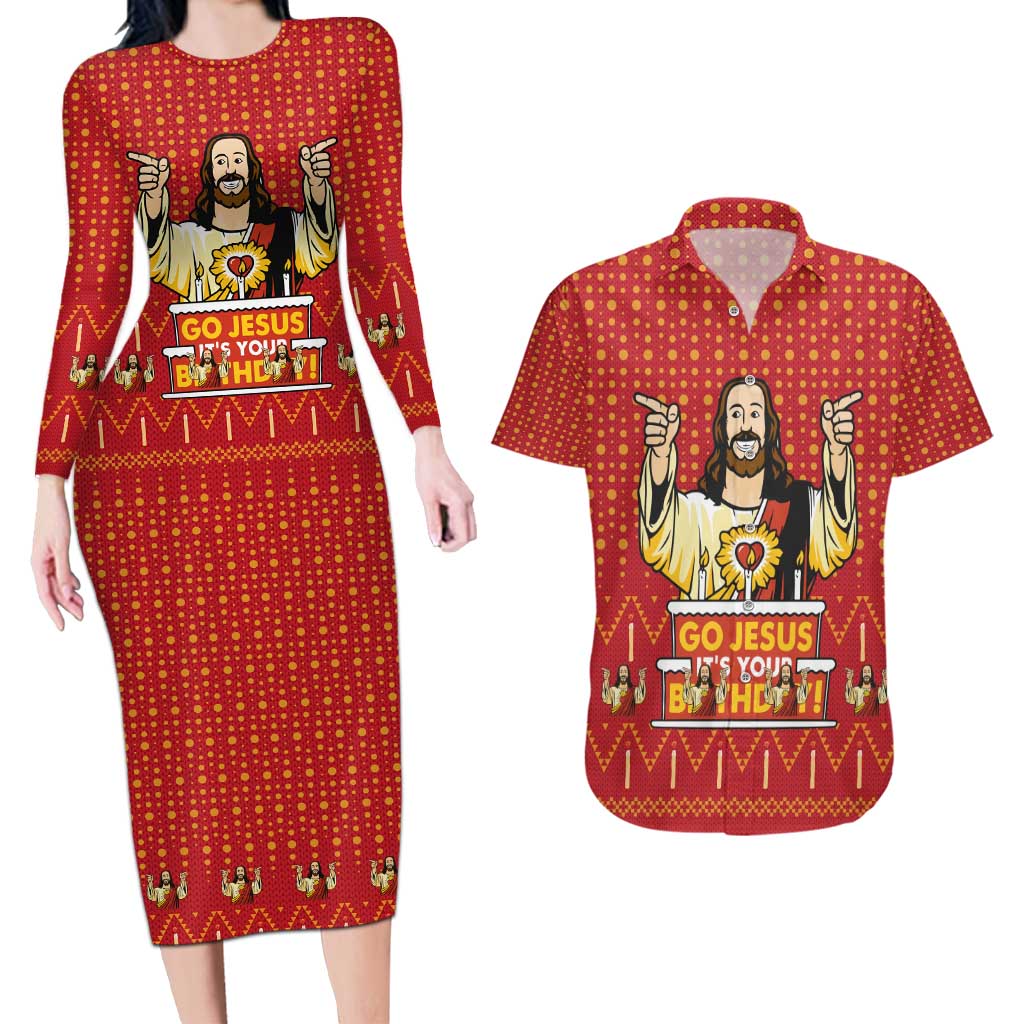 Jesus Birthday Christmas Couples Matching Long Sleeve Bodycon Dress and Hawaiian Shirt Funny Xmas Holiday Patterns - Wonder Print Shop
