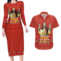 Jesus Birthday Christmas Couples Matching Long Sleeve Bodycon Dress and Hawaiian Shirt Funny Xmas Holiday Patterns - Wonder Print Shop