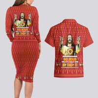 Jesus Birthday Christmas Couples Matching Long Sleeve Bodycon Dress and Hawaiian Shirt Funny Xmas Holiday Patterns - Wonder Print Shop