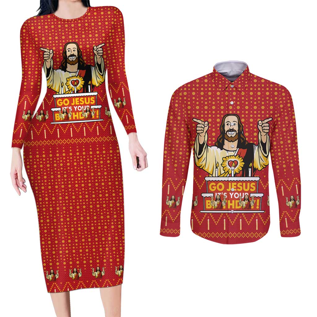 Jesus Birthday Christmas Couples Matching Long Sleeve Bodycon Dress and Long Sleeve Button Shirt Funny Xmas Holiday Patterns - Wonder Print Shop