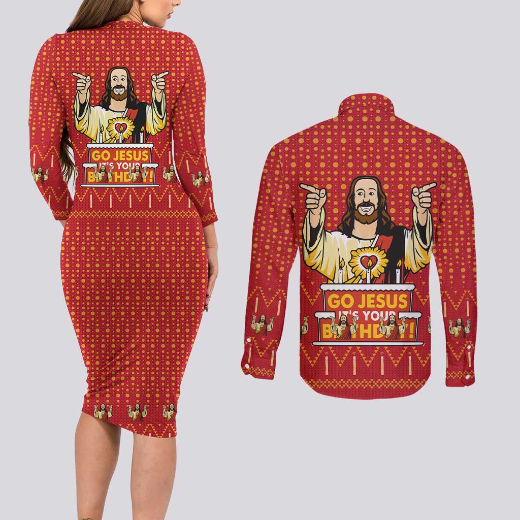 Jesus Birthday Christmas Couples Matching Long Sleeve Bodycon Dress and Long Sleeve Button Shirt Funny Xmas Holiday Patterns - Wonder Print Shop