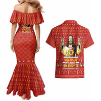 Jesus Birthday Christmas Couples Matching Mermaid Dress and Hawaiian Shirt Funny Xmas Holiday Patterns - Wonder Print Shop