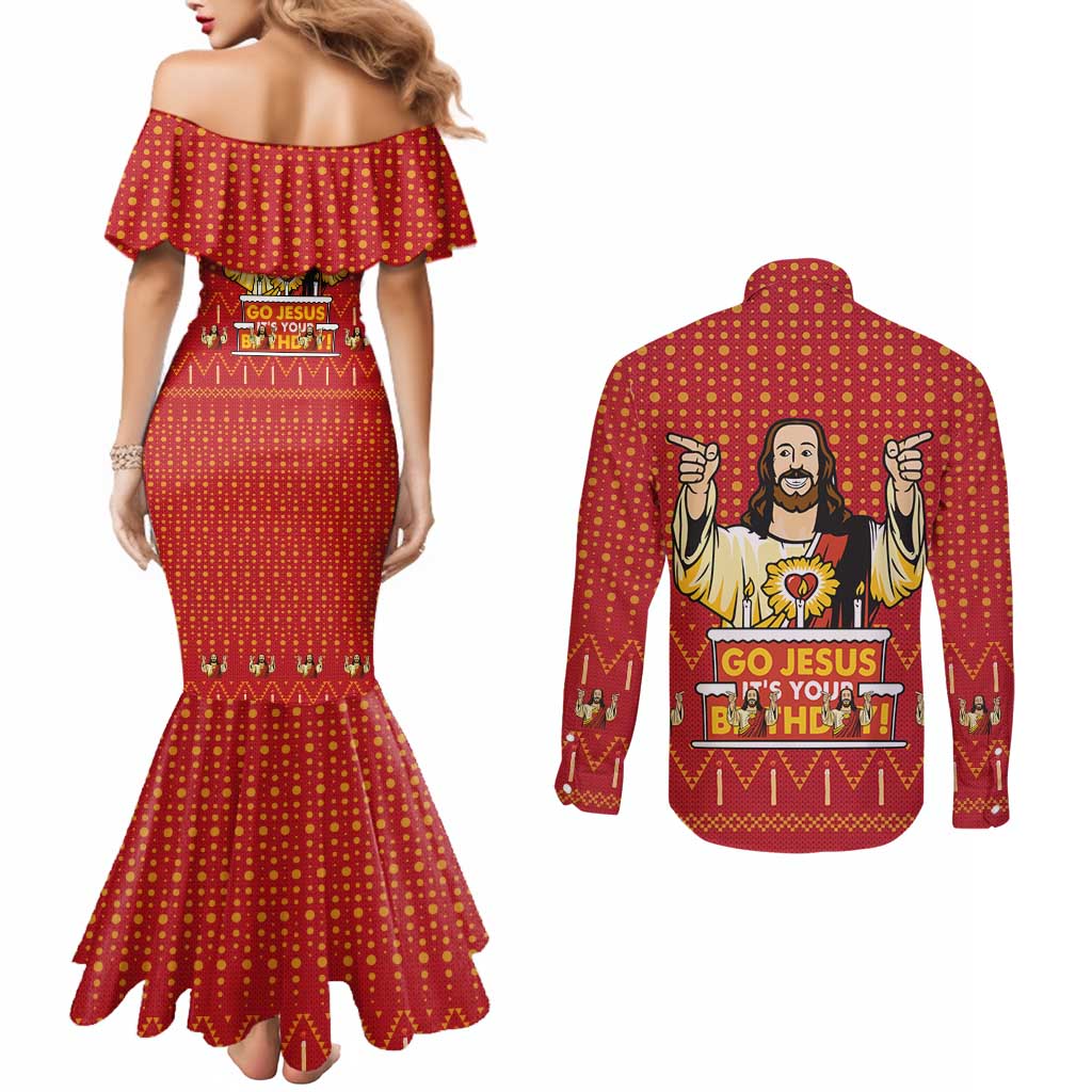 Jesus Birthday Christmas Couples Matching Mermaid Dress and Long Sleeve Button Shirt Funny Xmas Holiday Patterns - Wonder Print Shop