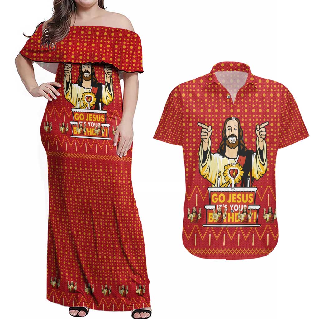 Jesus Birthday Christmas Couples Matching Off Shoulder Maxi Dress and Hawaiian Shirt Funny Xmas Holiday Patterns - Wonder Print Shop