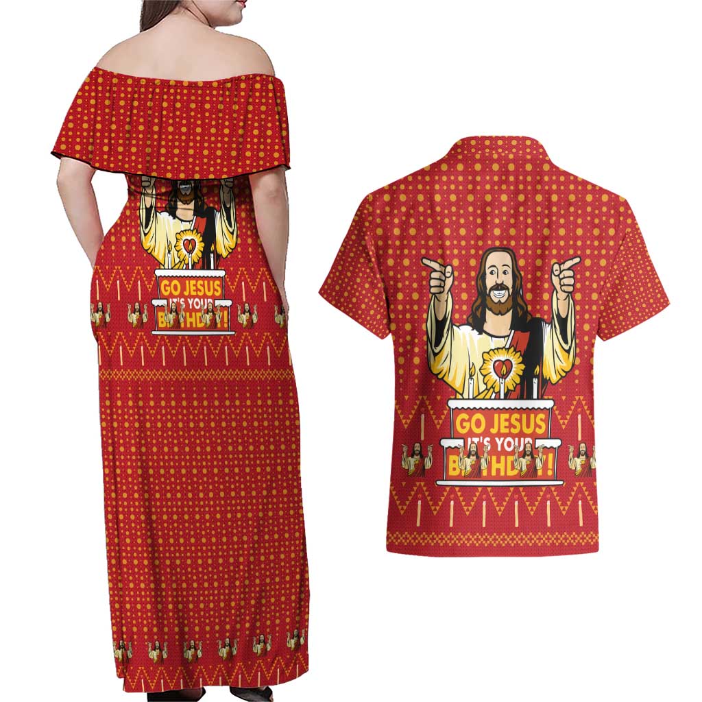Jesus Birthday Christmas Couples Matching Off Shoulder Maxi Dress and Hawaiian Shirt Funny Xmas Holiday Patterns - Wonder Print Shop