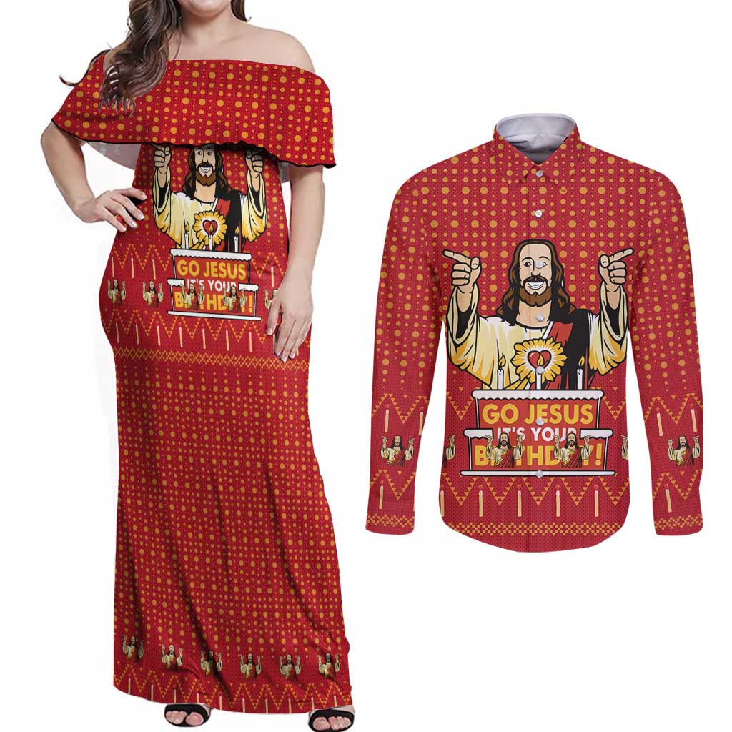 Jesus Birthday Christmas Couples Matching Off Shoulder Maxi Dress and Long Sleeve Button Shirt Funny Xmas Holiday Patterns - Wonder Print Shop