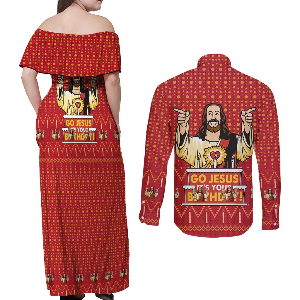 Jesus Birthday Christmas Couples Matching Off Shoulder Maxi Dress and Long Sleeve Button Shirt Funny Xmas Holiday Patterns - Wonder Print Shop