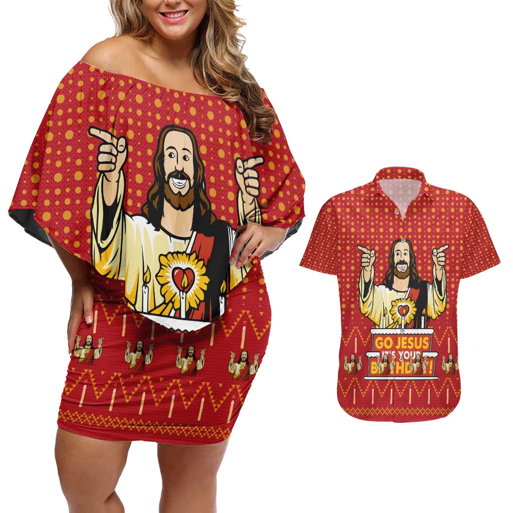 Jesus Birthday Christmas Couples Matching Off Shoulder Short Dress and Hawaiian Shirt Funny Xmas Holiday Patterns - Wonder Print Shop