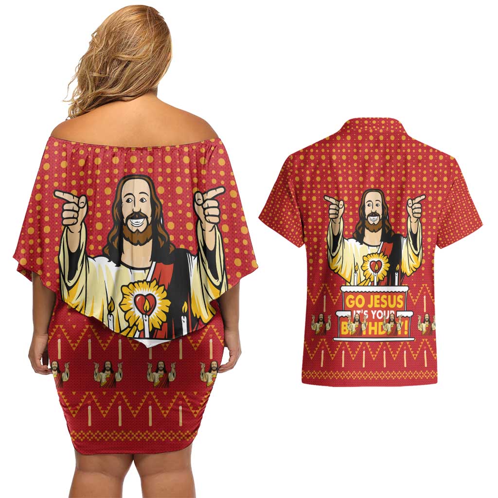 Jesus Birthday Christmas Couples Matching Off Shoulder Short Dress and Hawaiian Shirt Funny Xmas Holiday Patterns - Wonder Print Shop