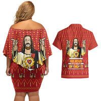 Jesus Birthday Christmas Couples Matching Off Shoulder Short Dress and Hawaiian Shirt Funny Xmas Holiday Patterns - Wonder Print Shop