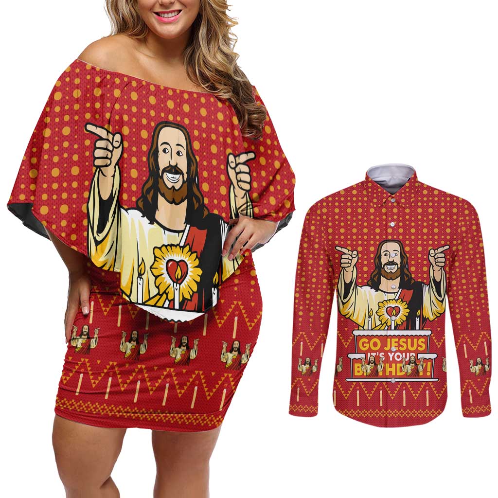 Jesus Birthday Christmas Couples Matching Off Shoulder Short Dress and Long Sleeve Button Shirt Funny Xmas Holiday Patterns - Wonder Print Shop