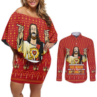 Jesus Birthday Christmas Couples Matching Off Shoulder Short Dress and Long Sleeve Button Shirt Funny Xmas Holiday Patterns - Wonder Print Shop