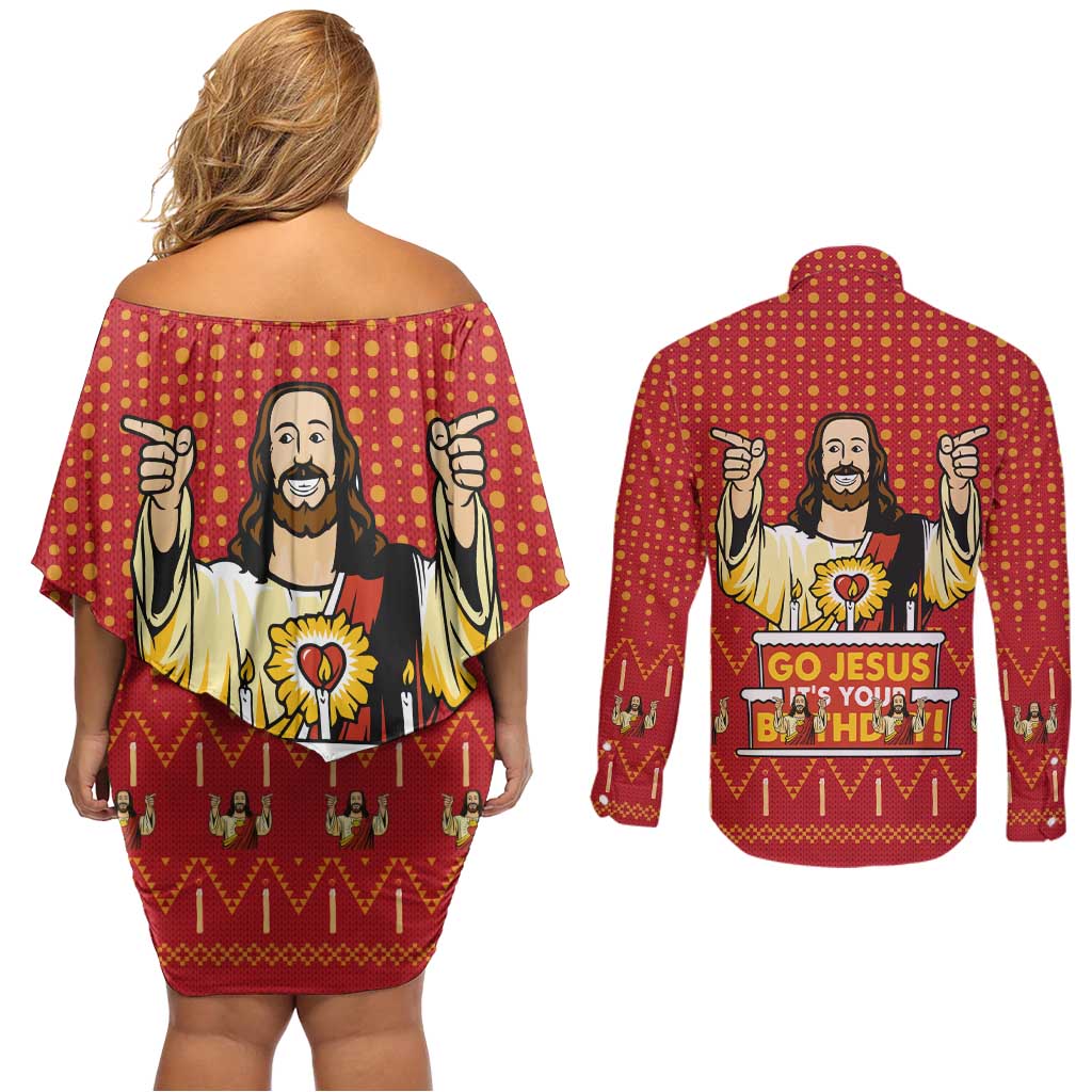 Jesus Birthday Christmas Couples Matching Off Shoulder Short Dress and Long Sleeve Button Shirt Funny Xmas Holiday Patterns - Wonder Print Shop