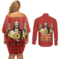 Jesus Birthday Christmas Couples Matching Off Shoulder Short Dress and Long Sleeve Button Shirt Funny Xmas Holiday Patterns - Wonder Print Shop