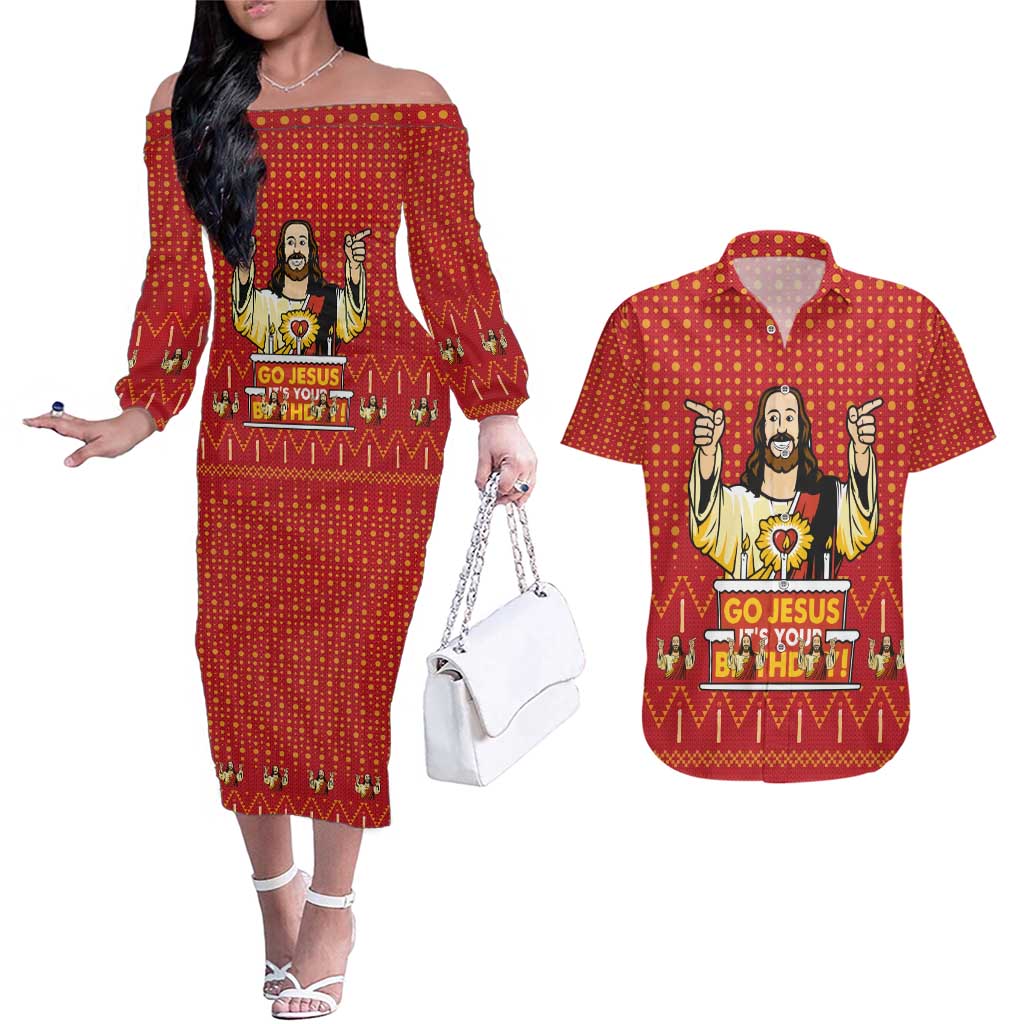 Jesus Birthday Christmas Couples Matching Off The Shoulder Long Sleeve Dress and Hawaiian Shirt Funny Xmas Holiday Patterns - Wonder Print Shop